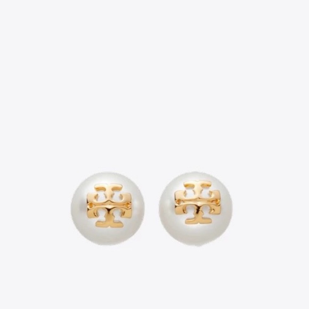 Tory Burch Gold Logo on White Pearl Earrings